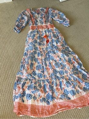 Girls Blue & Coral Floral Maxi Dress with Smocked Waist